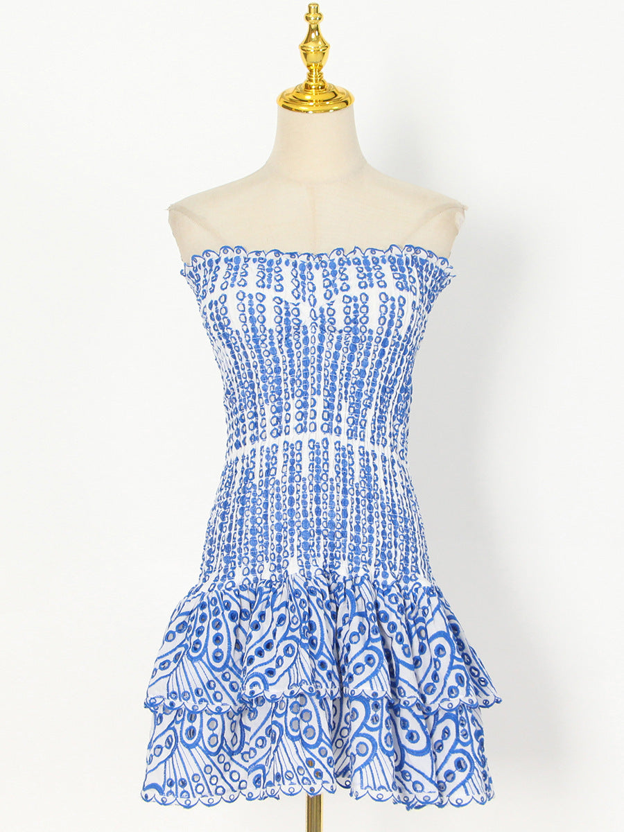 Y2K Tube Top Pleated Dress Ins Fashion Print A-line Short Dresses For Beach Party Clothing Women - kinko