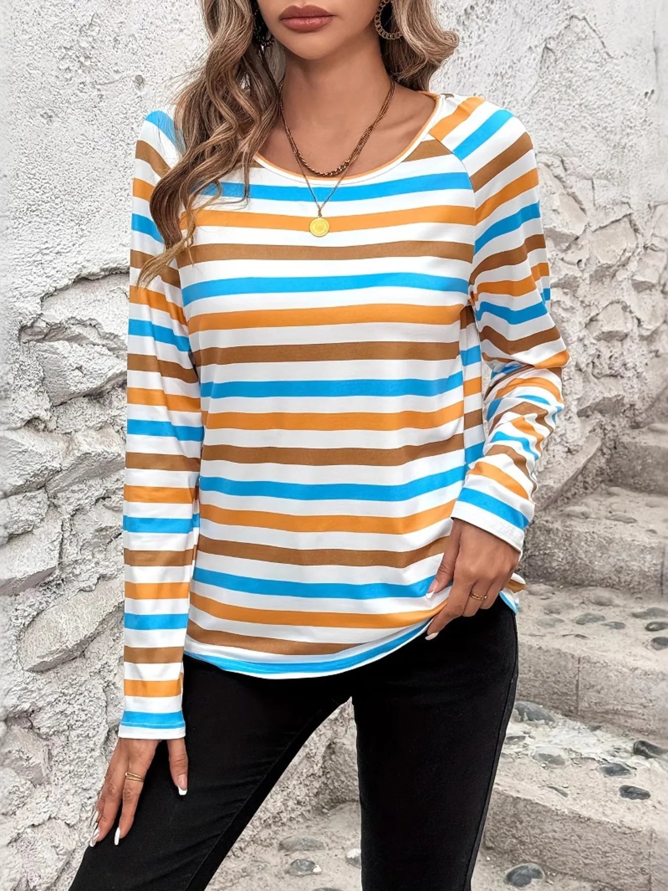 Full Size Striped Long Sleeve Casual Top Plus Size - kinko