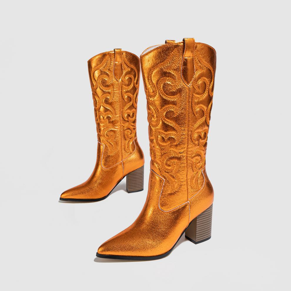 Knee High Boots Thick Sponge Soft Embroidered Floral Personality Pointed Chunky Heel High Heel plus Size Boots Ethnic - kinko Global Holdings inc