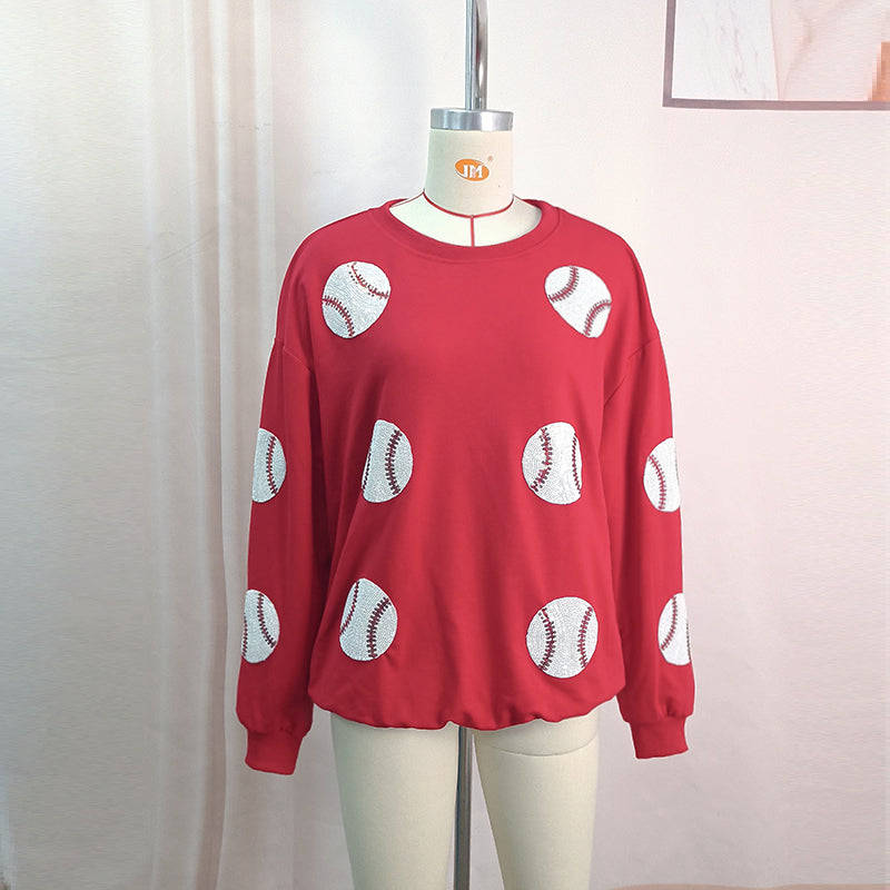 Spring Popular Baseball Sequined Sweatshirt Lazy Long Sleeve Tops Outerwear Women - kinko Global Holdings inc
