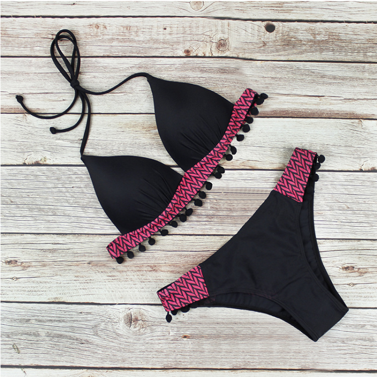Sexy patchwork tassel swimwear Halter triangle bikini Low waist swimsuit women Black bathing suit Swimming Biquini - kinko Global Holdings inc