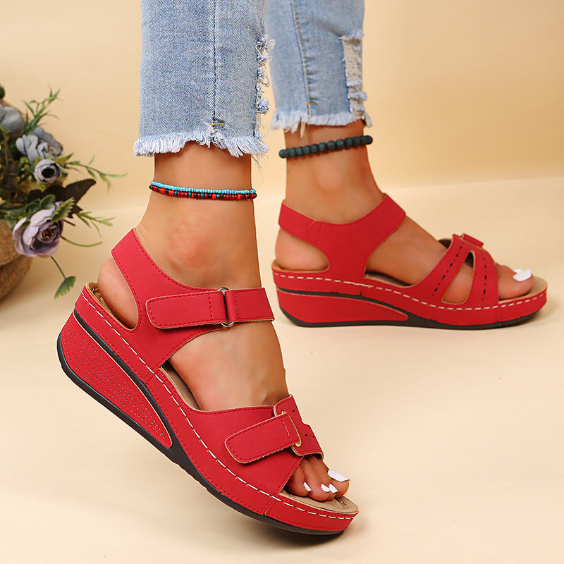 Southeast Asia plus Size Velcro Platform Sandals Women Hollow Out Cutout-out Wedge Stitching Beach Slippers - kinko Global Holdings inc