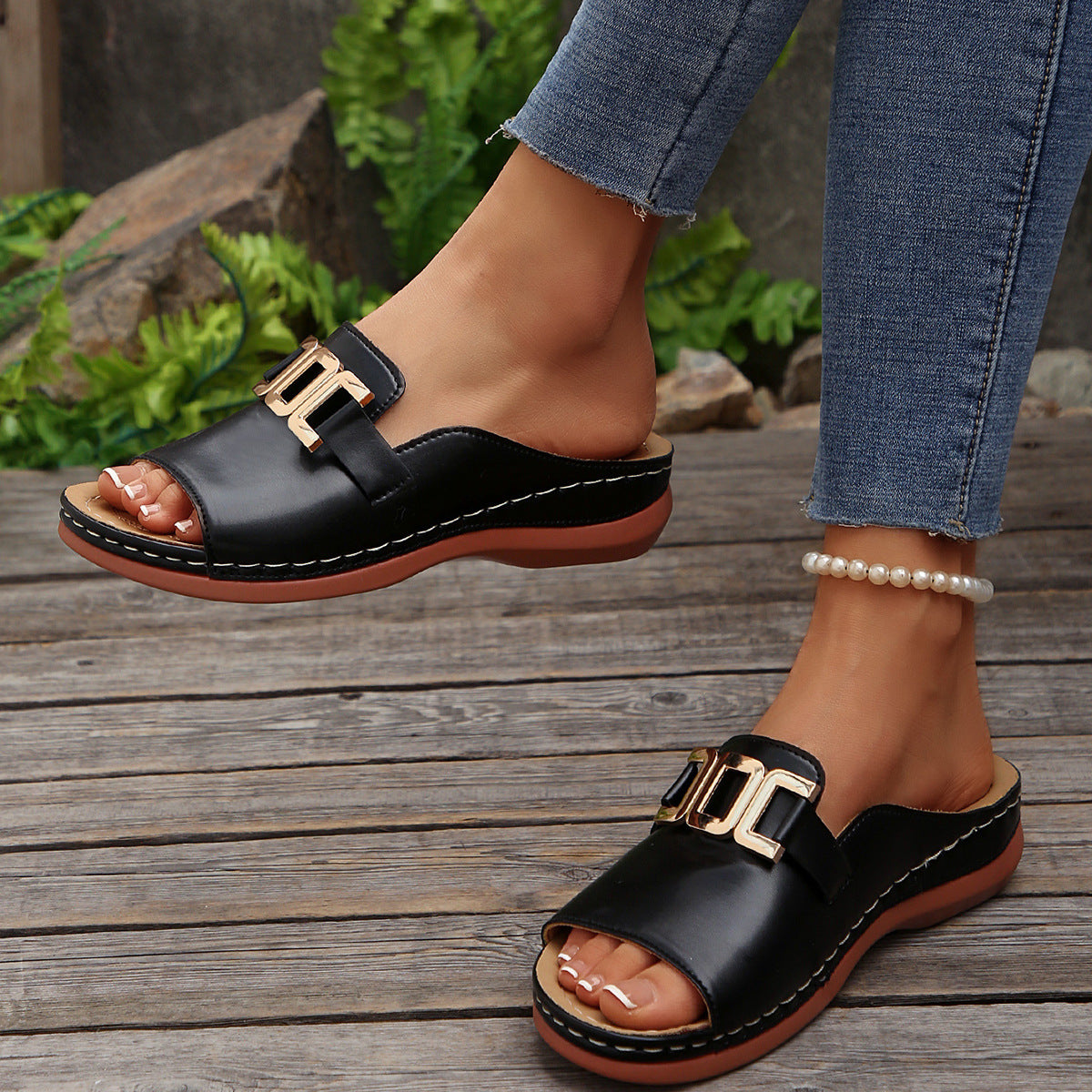 Southeast Asian Buckle Wedge Open Toe Slippers Women plus Size Metal Buckle Fish Mouth Beach Slippers - kinko Global Holdings inc