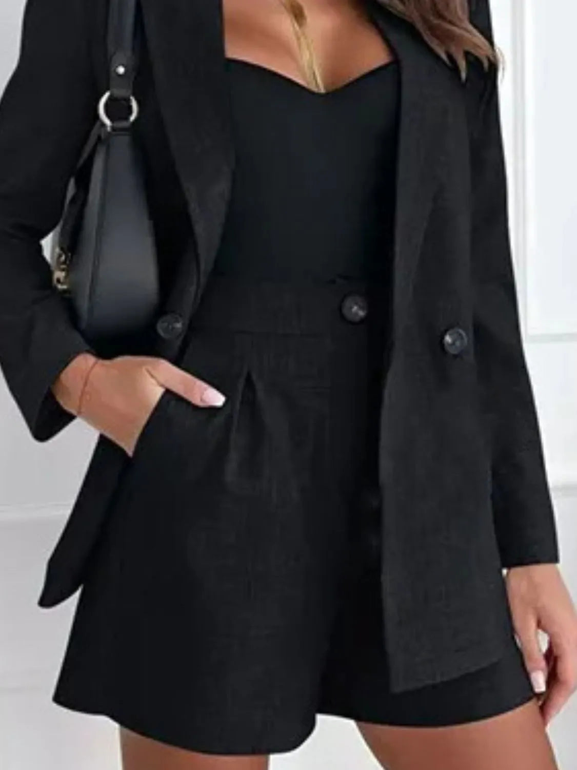 One Button Lapel Collar Blazer and Shorts Set - kinko