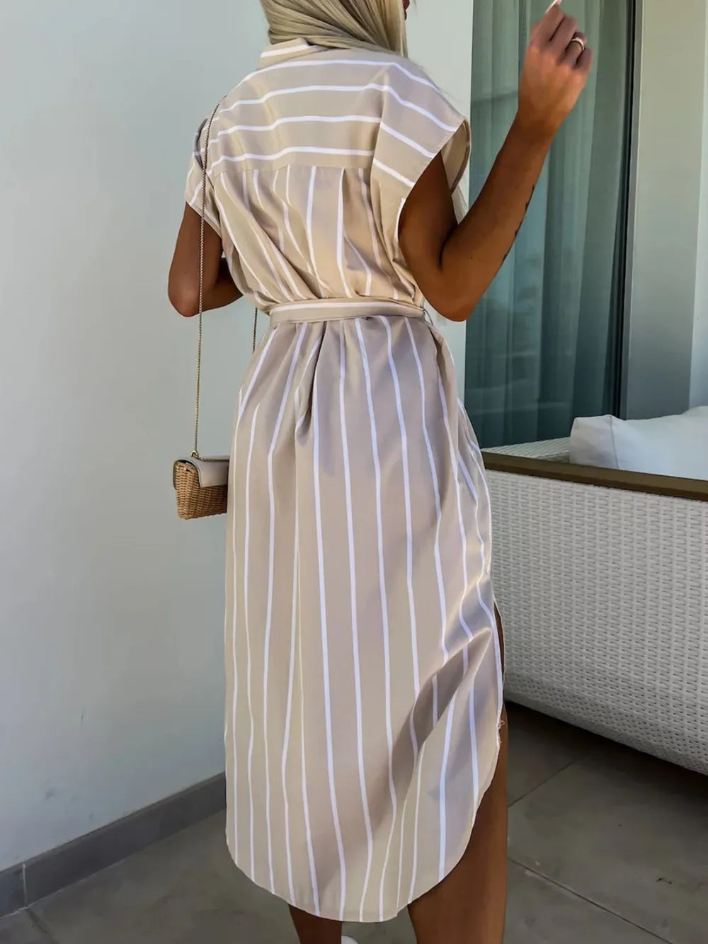 Striped Tie Waist Short Sleeve Dress - kinko