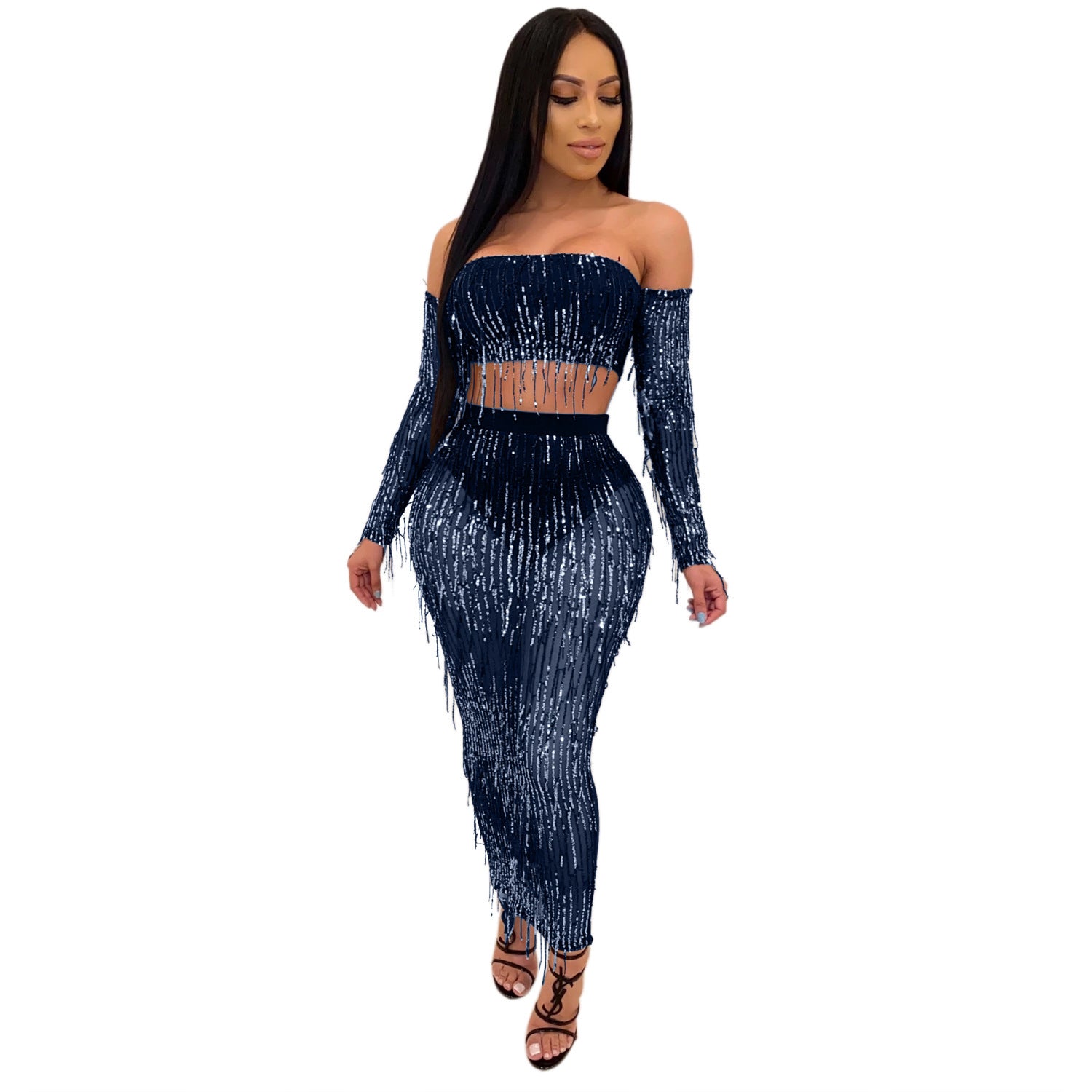 Fashion Sexy See-through Mesh Sequins Tassel Two-piece Set - kinko