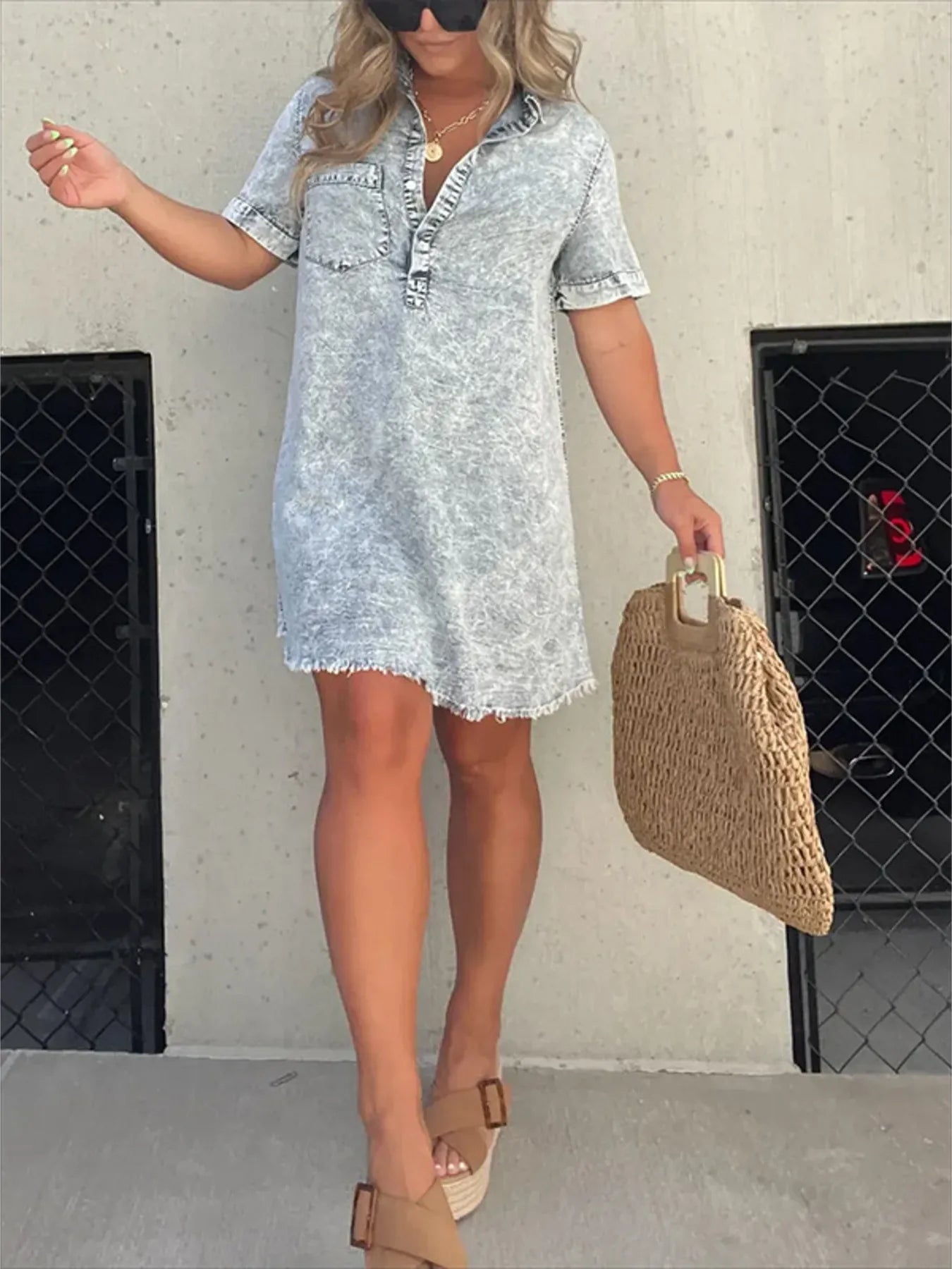 Full Size Raw Hem Short Sleeve Denim Dress Plus Size - kinko