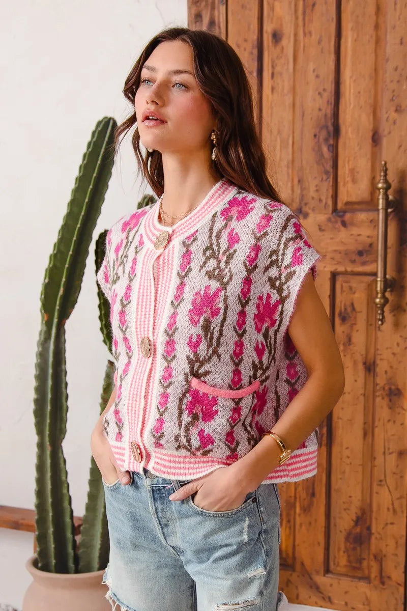 SO ME Button Front Floral and Stripe Knitted Sweater Vest - kinko