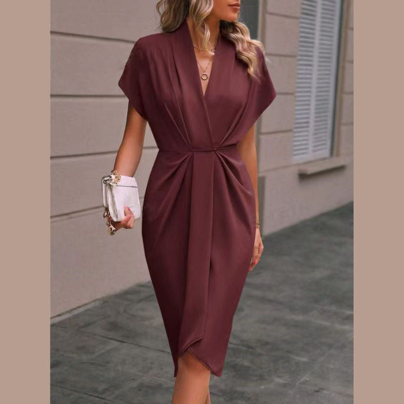 Summer Batwing Sleeve Dress Fashion V-neck Short Sleeve Pleated Dresses Womens Clothing - kinko
