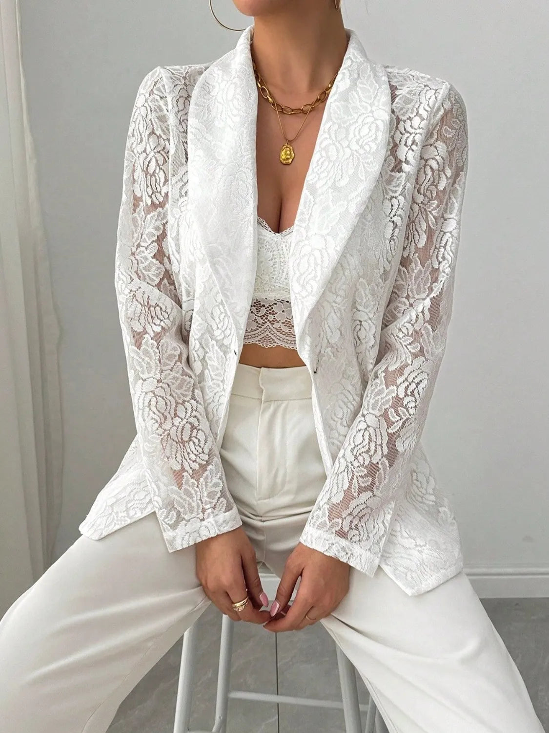 Lace Lapel Collar Long Sleeve Blazer - kinko