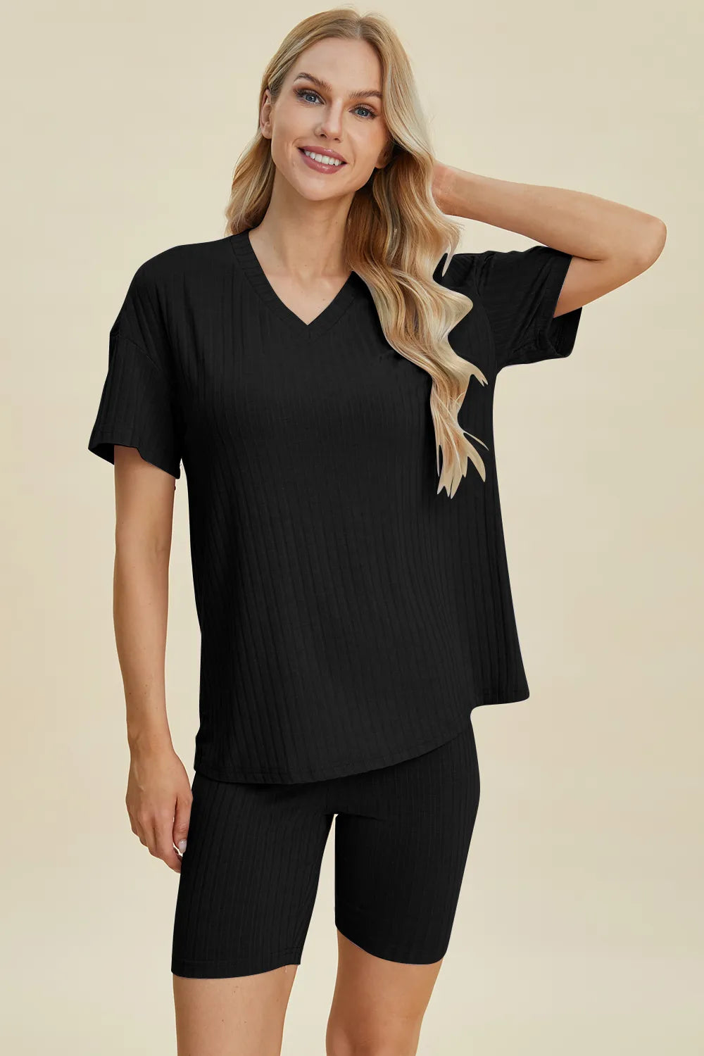 Basic Bae Full Size Ribbed V-Neck Short Sleeve Top and Shorts Set - kinko