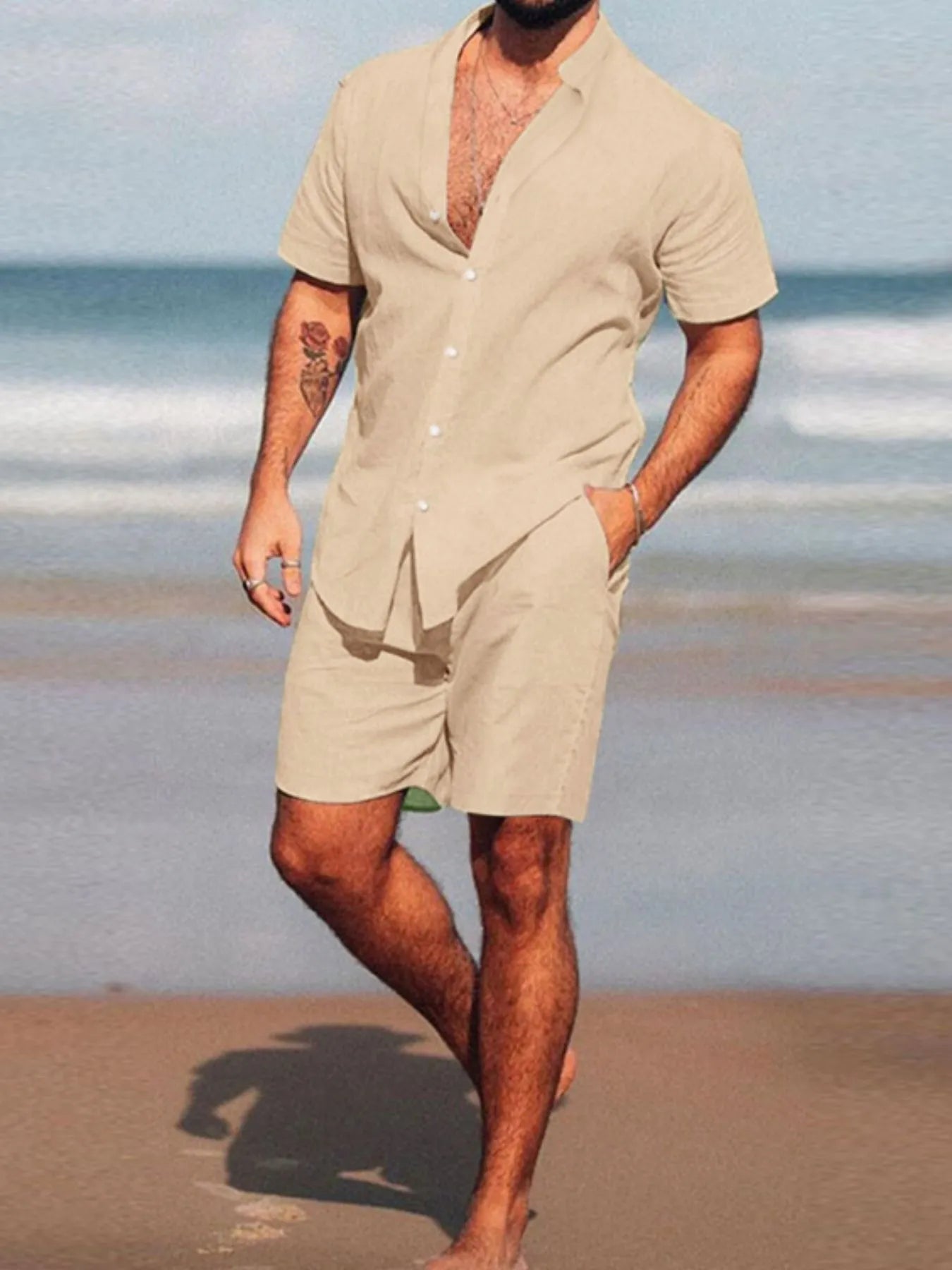 Men's Full Size Short Sleeve Shirt and Shorts Set Plus Size - kinko