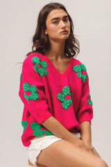 BiBi Pearl Beads Flowers Sweater Top - kinko
