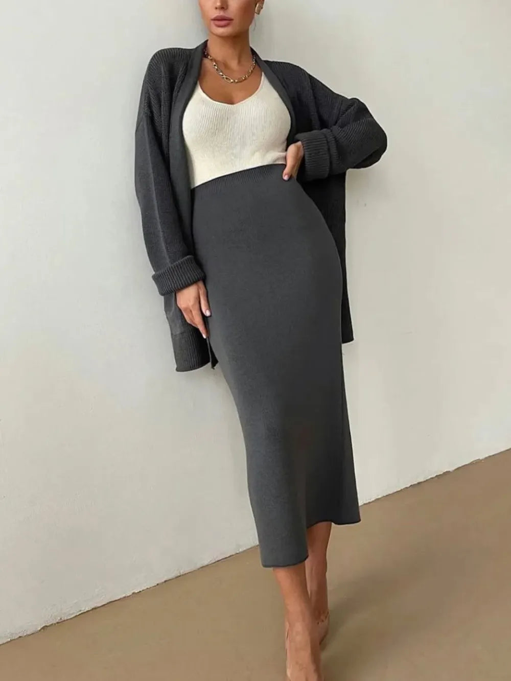 Pocketed Long Sleeve Cardigan and Skirt Sweater Set - kinko