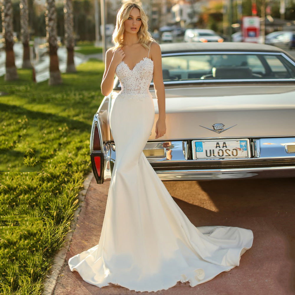 White Simple Trip Shoot Fishtail Bridal Tube Top Wedding Dress - kinko