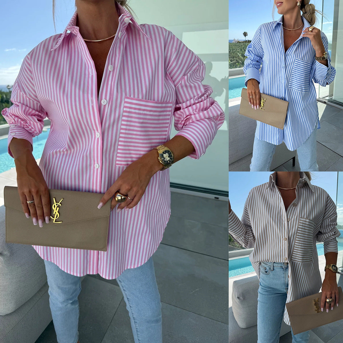 Fashion Casual Button Striped Printed Long Sleeves Shirt - kinko