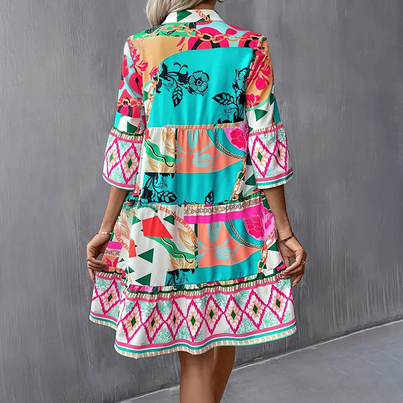 Womens Mini Dress Casual V-Neck Printed Flared Sleeve Pleated Short Beach Dresses - kinko