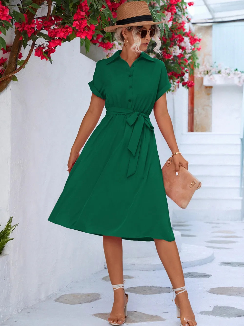 Buttoned Tie Waist Short Sleeve Dress - kinko