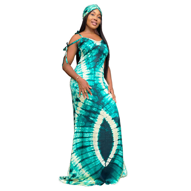 Women's Fashionable Printed Suspenders Slim Fit Long Dress Long Dress Scarf - kinko