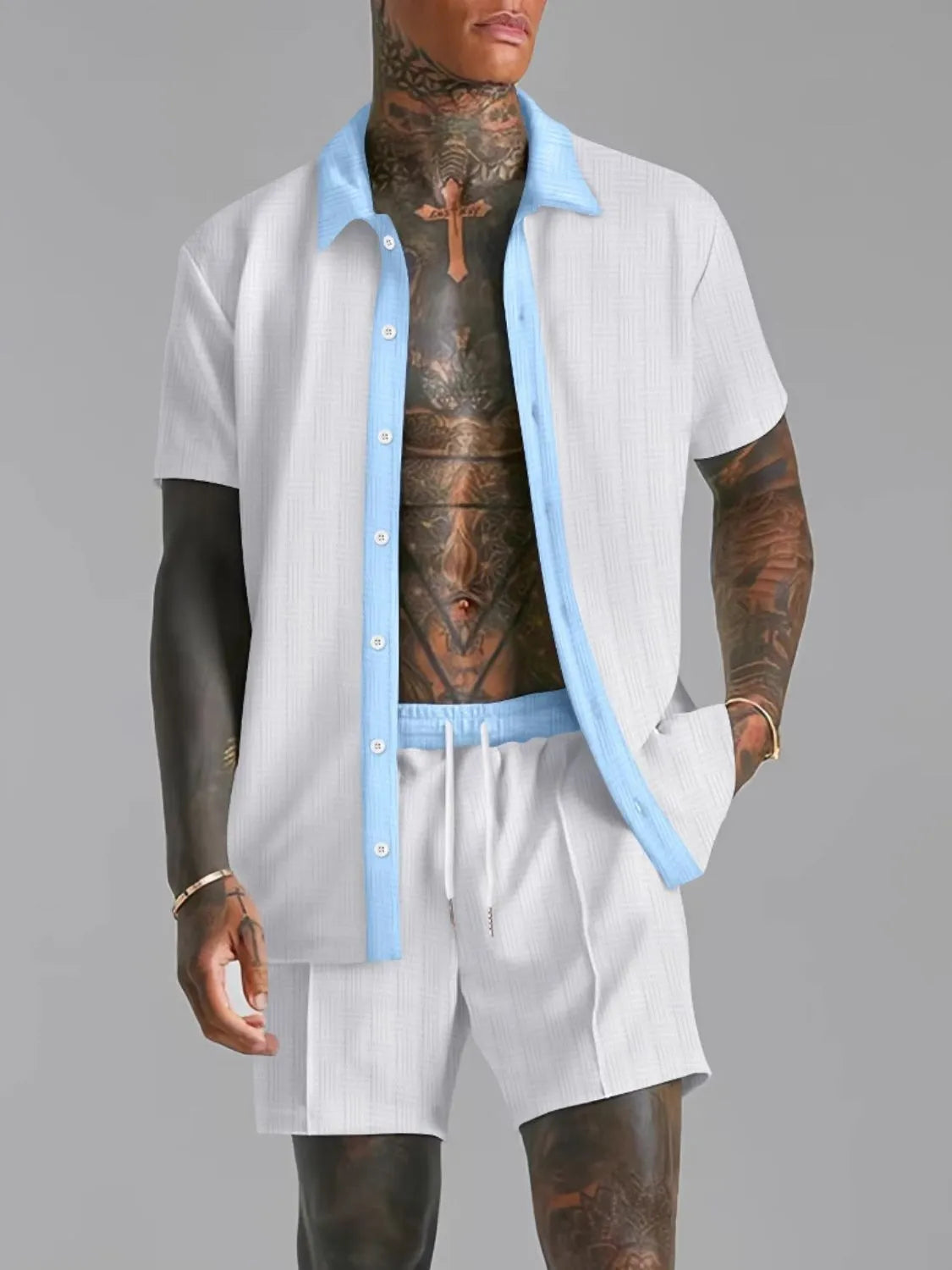 Men's Full Size Collared Neck Short Sleeve Top and Shorts Set Plus Size - kinko