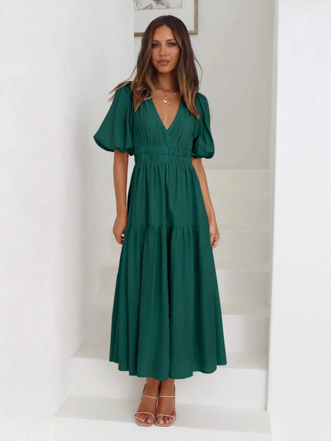 Tiered Surplice Half Sleeve Midi Dress - kinko
