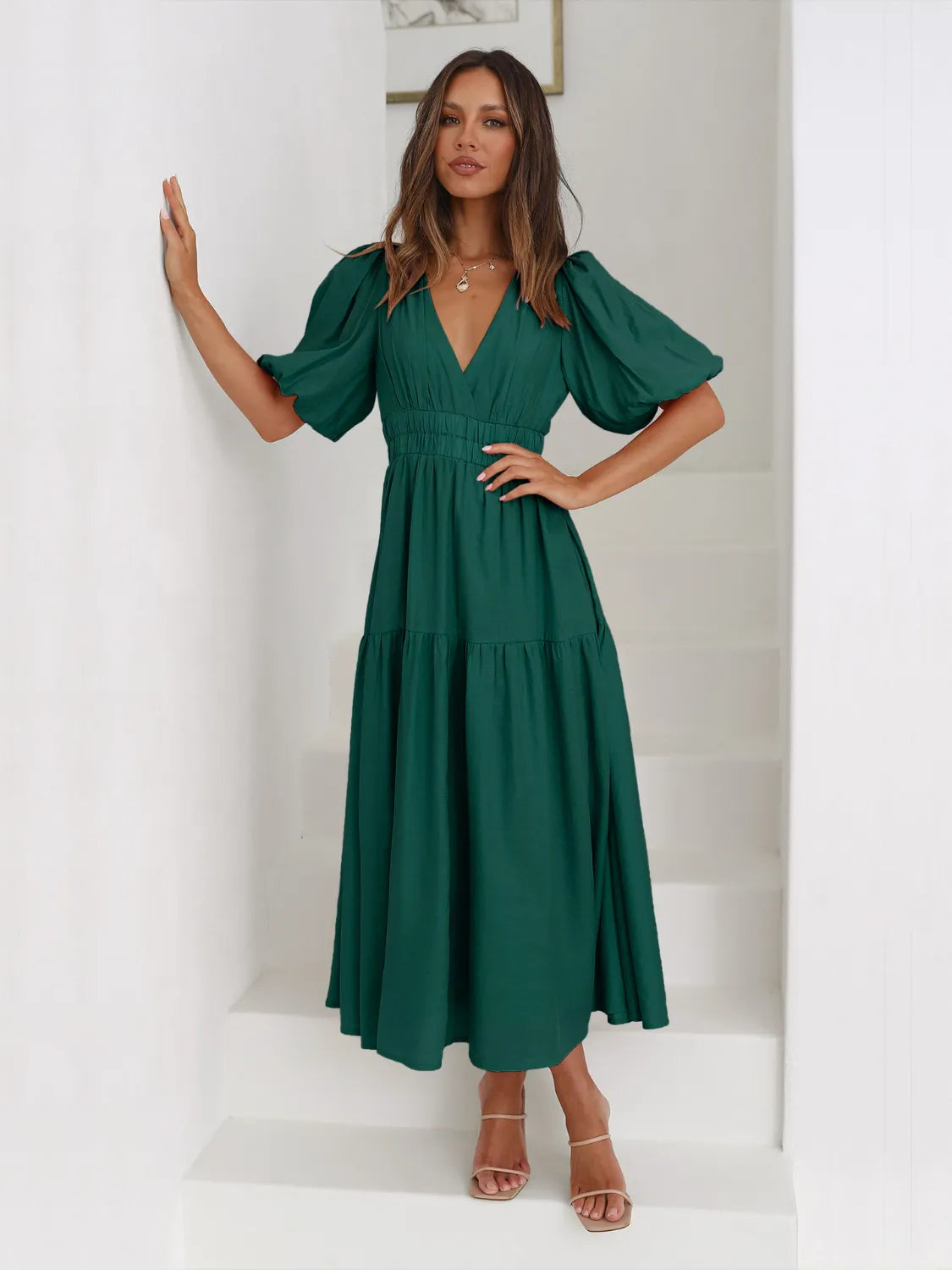 Tiered Surplice Half Sleeve Midi Dress - kinko