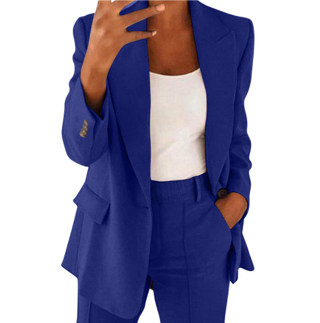 Ins Button Casual Suit Fashion Long-sleeved Lapel Blazer Jacket And Slim-fit Pocket Trousers For Women Clothing - kinko