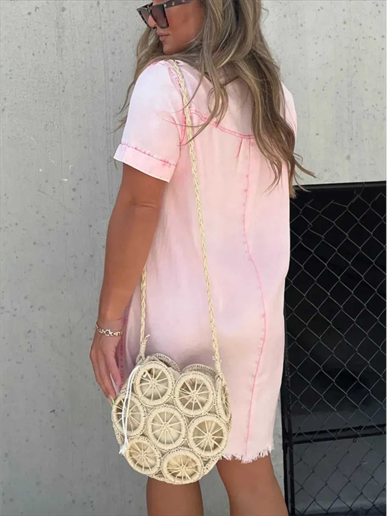 Full Size Raw Hem Short Sleeve Denim Dress Plus Size - kinko