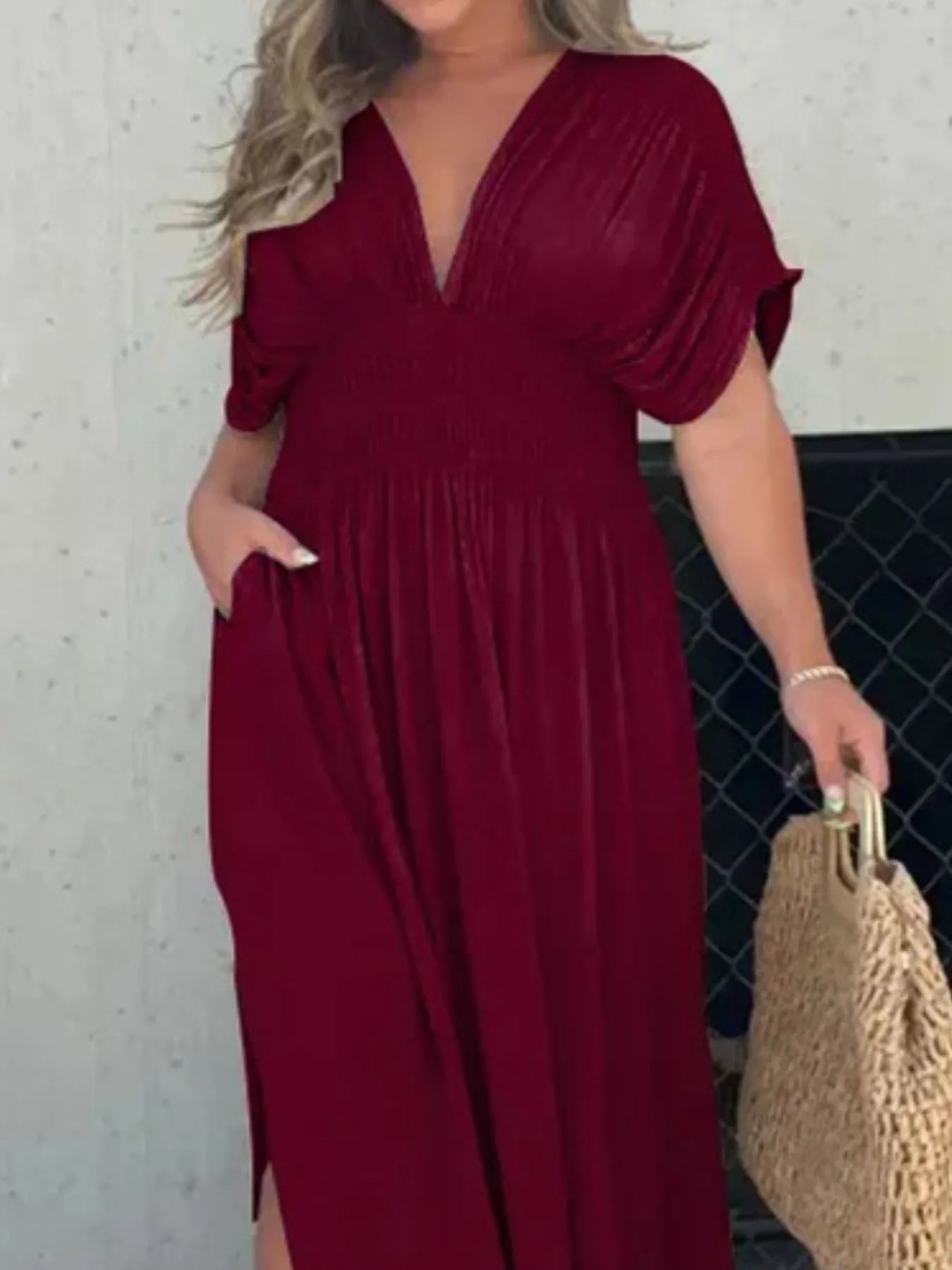 Full Size Deep V-Neck Maxi Dress with Side Slit Plus Size - kinko
