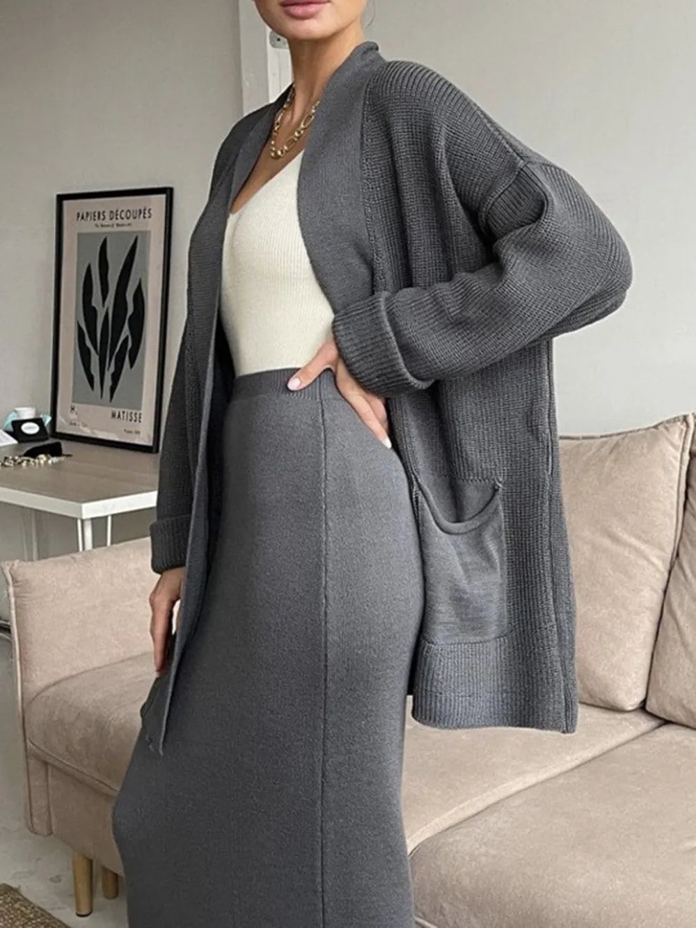 Pocketed Long Sleeve Cardigan and Skirt Sweater Set - kinko