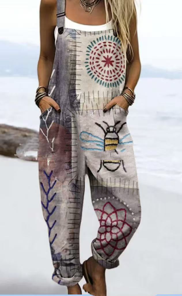 Printed Pocket Women's Suspender Trousers - kinko