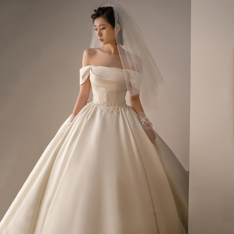 Women's Satin Off-shoulder Retro Fashion Trailing Wedding Dress - kinko
