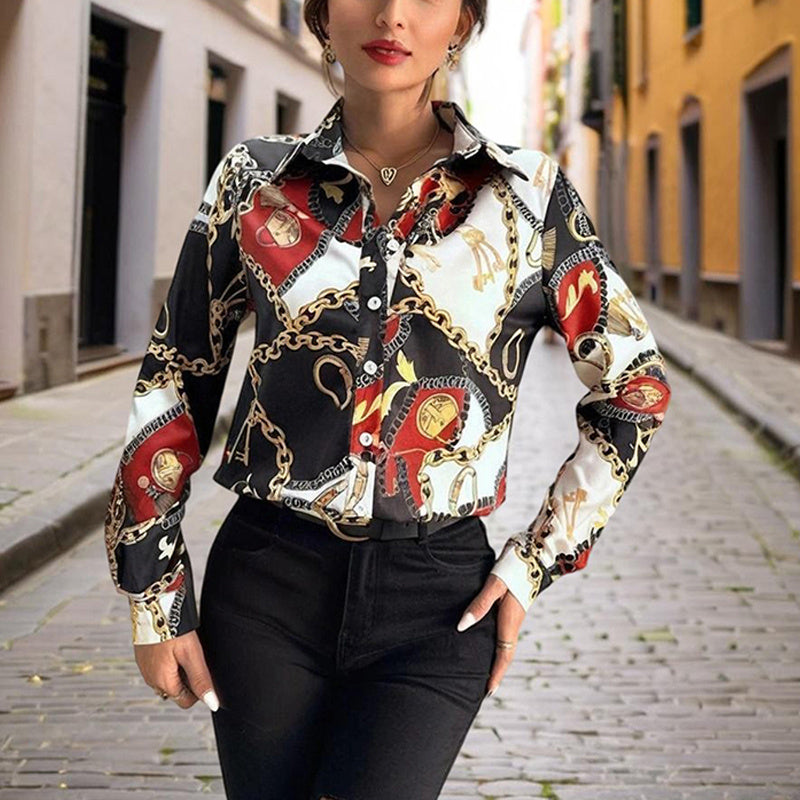 Women's Lapel Long Sleeve Shirt - Fitted Cut Intricate Print Button-Up Design Casual Spring&Fall Wear - kinko