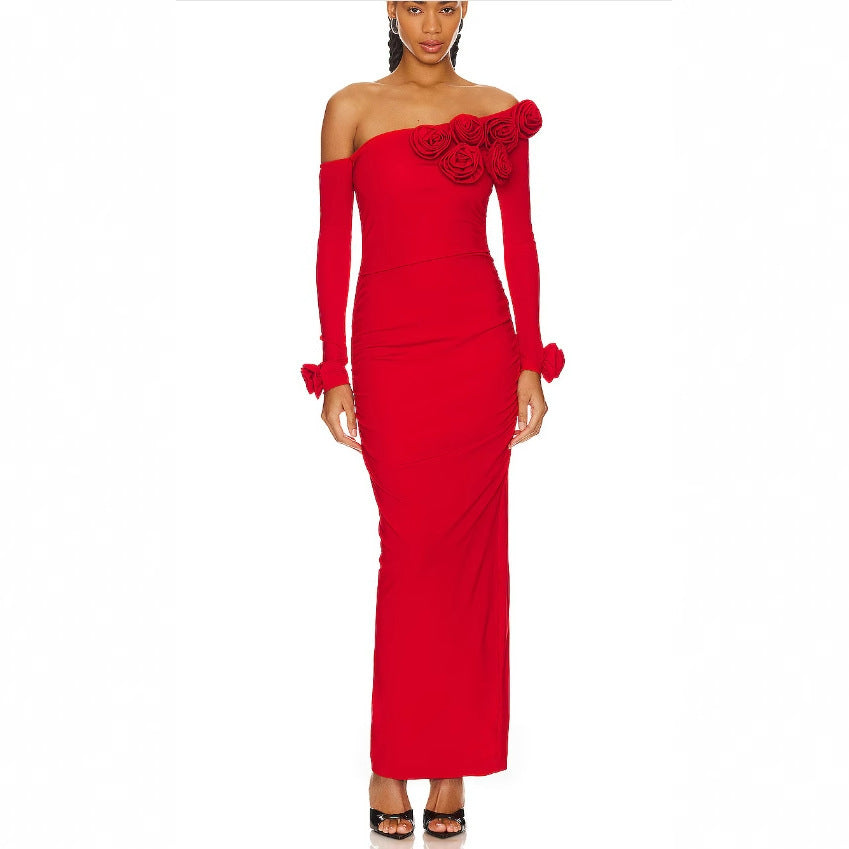 Three-dimensional Flower Slanted Shoulder Long Sleeved Dress - kinko