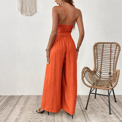 Women's Solid Color Wide-leg Thin One-shoulder Jumpsuit - kinko