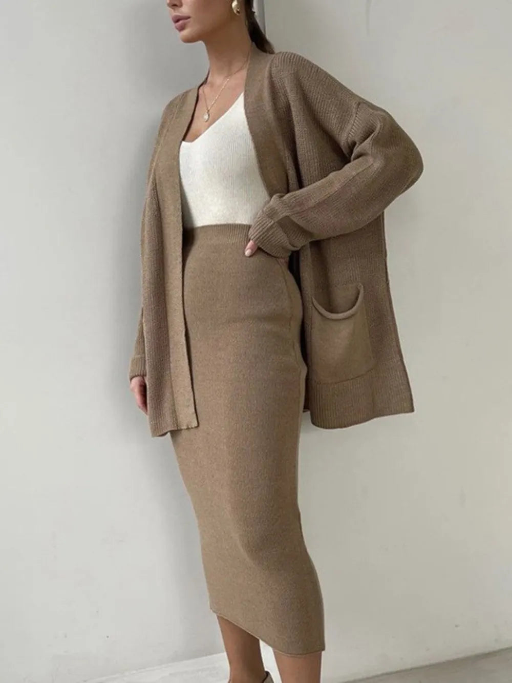 Pocketed Long Sleeve Cardigan and Skirt Sweater Set - kinko