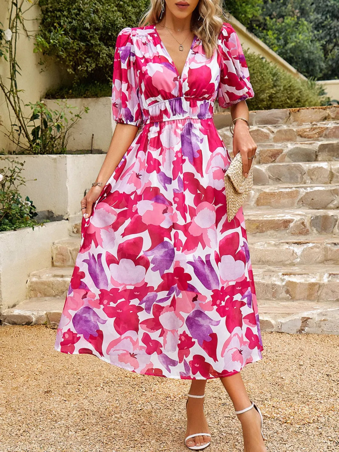 Printed Puff Sleeve Midi Dress - kinko