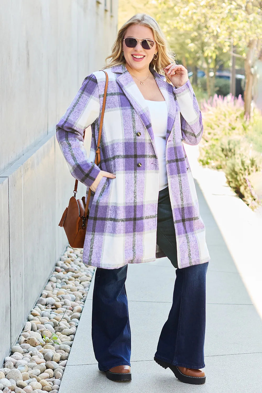 Double Take Full Size Plaid Button Up Lapel Collar Coat - kinko