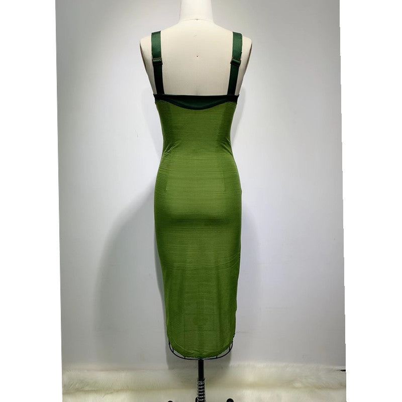 Army Green Sling Slim Temperament Dress - kinko