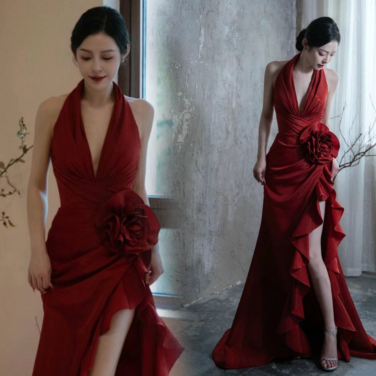 Socialite Style Wine Red Elegant Halter Bride Wedding Toast Dress - kinko