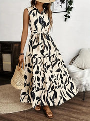 Printed Tie Waist Sleeveless Maxi Dress - kinko