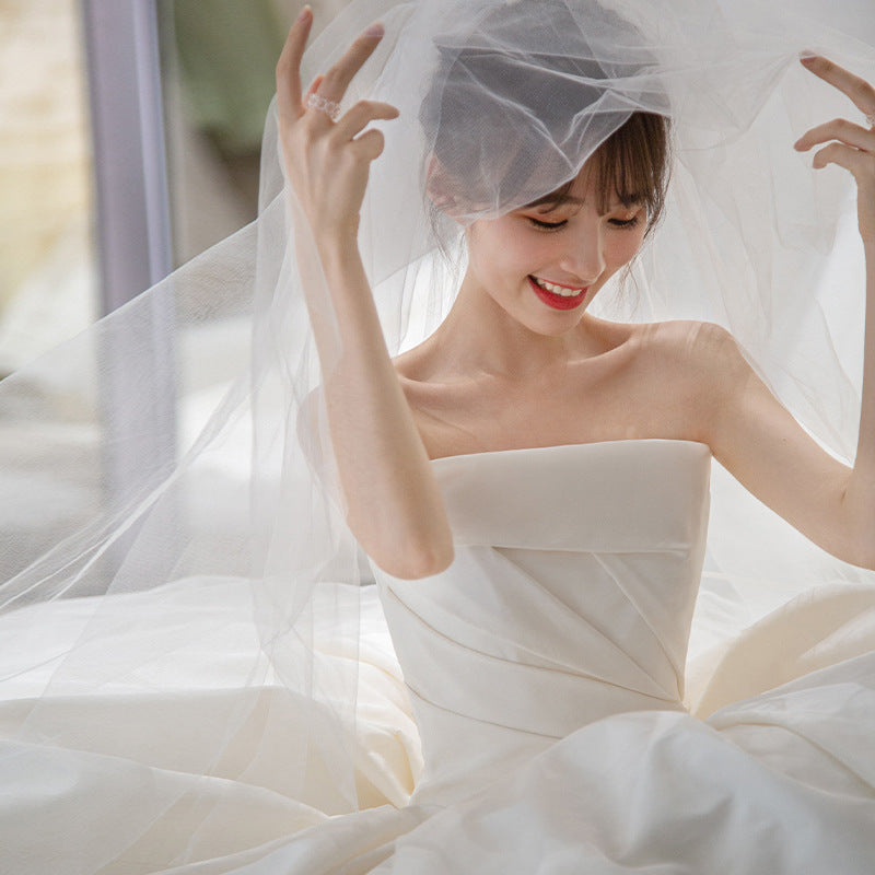 Women's Satin Tube Top Simple Elegant French Style Large Tail Elegant Wedding Dress - kinko