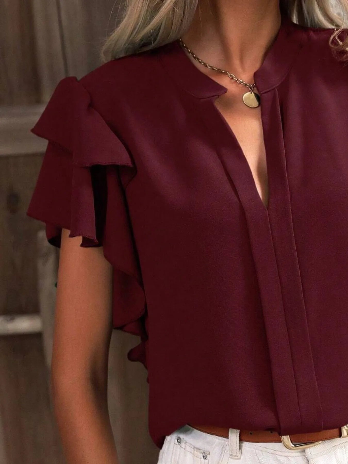 Ruffle Sleeve Notched Blouse - kinko