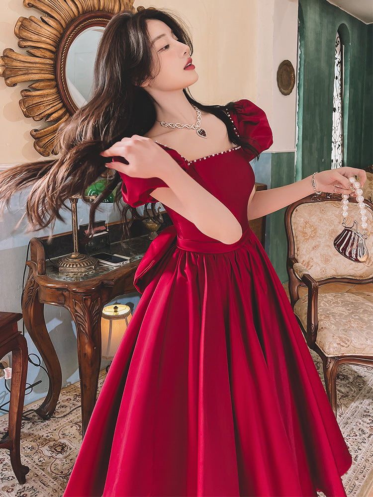 Winter Wine Red Engagement Daily French Princess On The Run Satin Dress - kinko