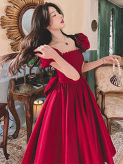Winter Wine Red Engagement Daily French Princess On The Run Satin Dress - kinko