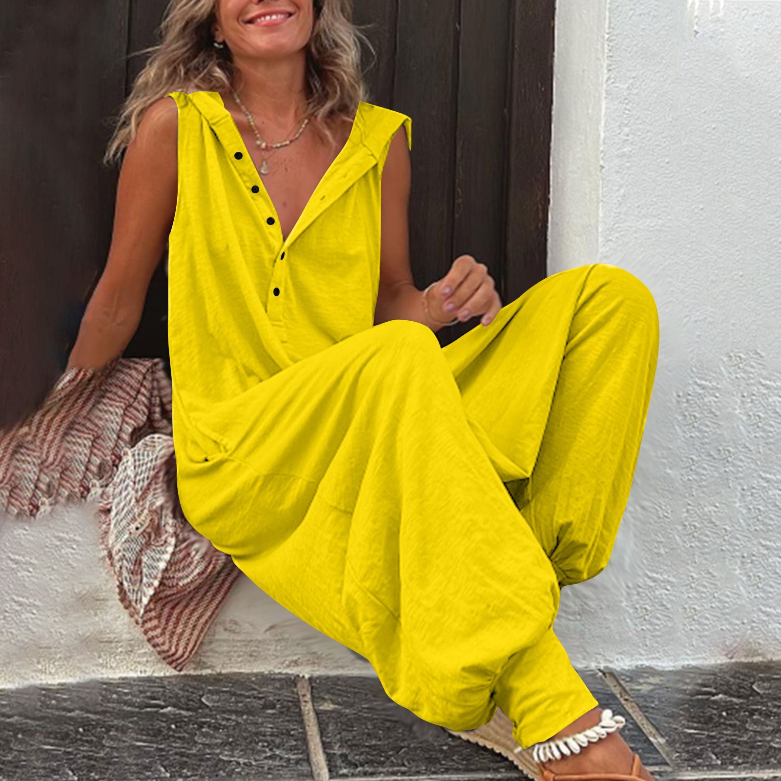 Hot Selling Button Up Hooded Sleeveless Pants In Stock, Jumpsuit With Pockets - kinko