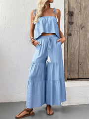 Ruffle Cami Top and Wide Leg Pants Set - kinko