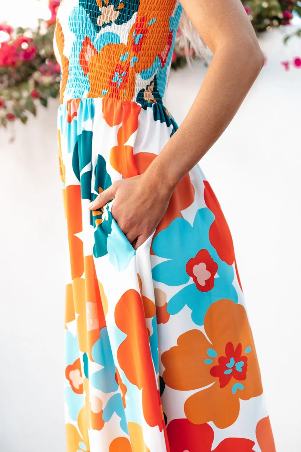 Smocked Printed Square Neck Dress - kinko