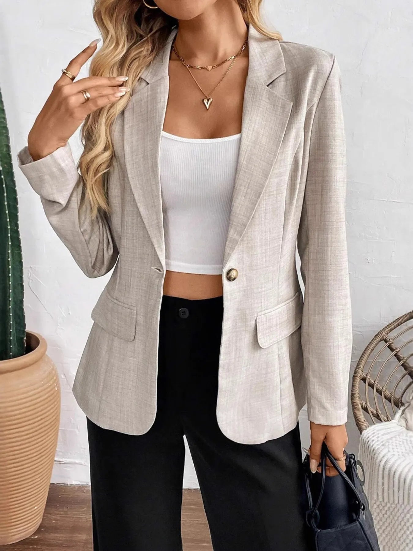 One Button Lapel Collar Blazer - kinko