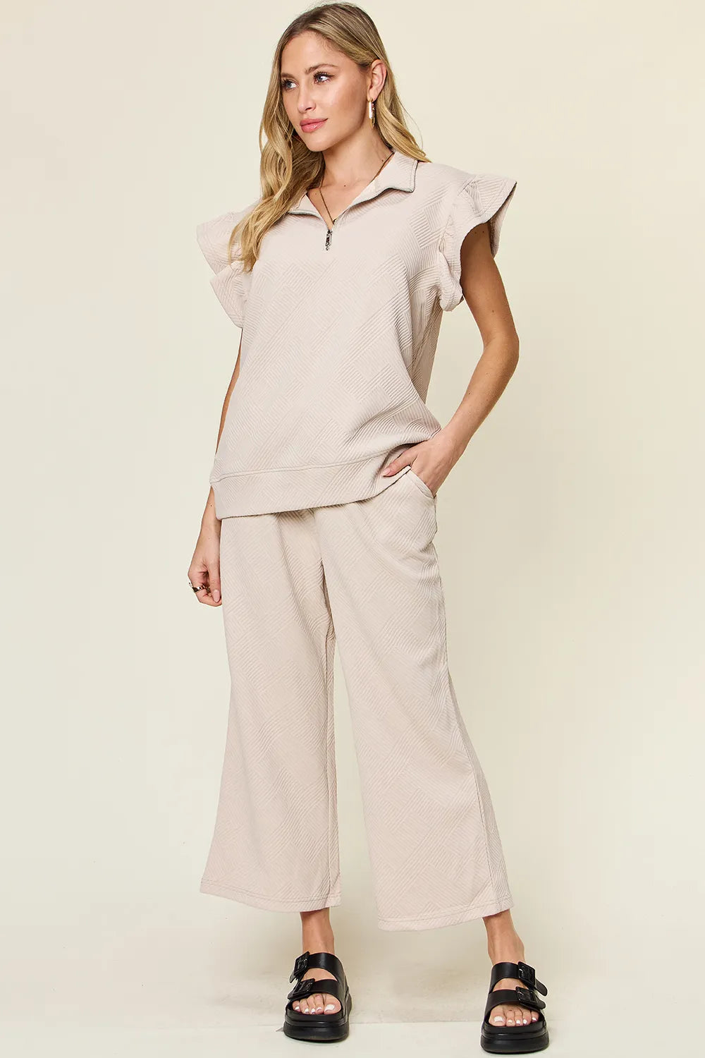 Double Take Texture Ruffle Short Sleeve Top and Drawstring Wide Leg Pants Set - kinko